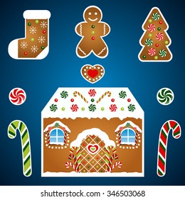 Gingerbread christmas vector set on blue background. House with candies, heart, sock and christmas tree