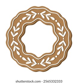 Gingerbread Christmas wreath holiday cookie. Flat vector illustration in brown and white colors