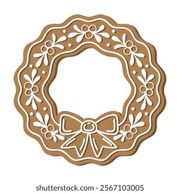 Gingerbread Christmas wreath holiday cookie. Flat vector illustration in brown and white colors