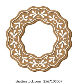 Gingerbread Christmas wreath holiday cookie. Flat vector illustration in brown and white colors