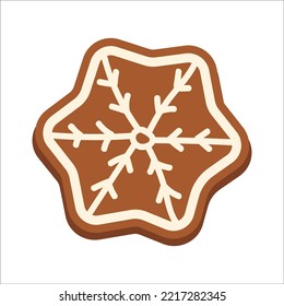 Gingerbread classic decorated cookie. New year cookies. Holiday winter symbols. New Year's Eve gingerbread in the shape of a snowflake. White isolated background. Vector themed illustration.