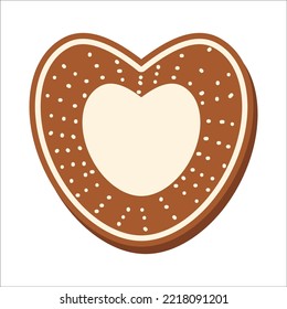 Gingerbread classic decorated cookie. New year cookies. Holiday winter symbols. New Year's Eve gingerbread in the shape of a heart. White isolated background. Vector themed illustration.