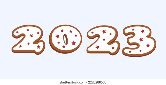 Gingerbread classic decorated cookie. New year cookies. Holiday winter symbols. New Year's Eve gingerbread in the shape of numbers 2023. White isolated background. Vector themed illustration.