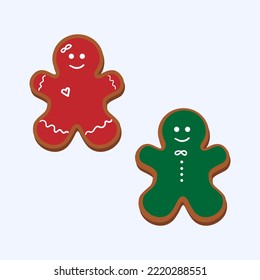 Gingerbread classic decorated cookie. New year cookies. Holiday winter symbols.Gingerbread man.  New Year's Eve gingerbread in the shape of a man. White isolated background.Vector themed illustration.