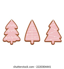 Gingerbread Classic Decorated Cookies. New Year's Eve cookies. Holiday winter symbols. New Year's Eve gingerbread cookies in the shape of a Christmas tree. Gingerbread with pink icing. . Vector themed