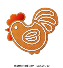 Gingerbread cock, or rooster - symbol of New Year 2017 - isolated on white background. Holiday cookie in shape of cockerel. Art vector illustration.