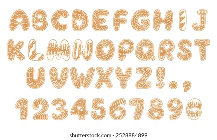 Gingerbread cookie alphabet. Christmas font set letters abc. Vector illustration for holiday Gingerbread cookie alphabet. Christmas font set letters abc. Vector illustration for holiday design