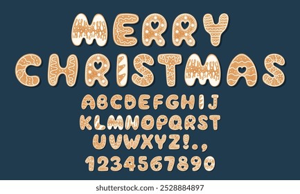 Gingerbread cookie alphabet. Merry Christmas font set letters abc. Vector illustration for holiday design