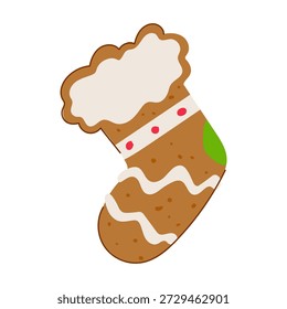 Gingerbread cookie artfully shaped as a christmas stocking, intricately decorated with white icing, red dots, and a green accent, symbolizing holiday sweetness and festive celebration