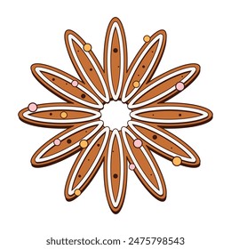 Gingerbread cookie with balls and a pattern. New Year cookie in the shape of a flower. Vector illustration of baked goods. Sweet dessert