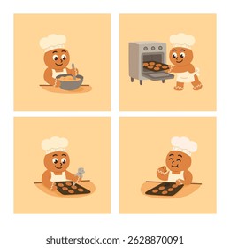 Gingerbread Cookie Chef Baking Process. Cute Christmas Illustration Set