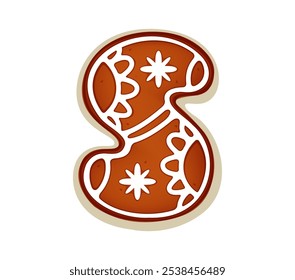 Gingerbread cookie Christmas font, letter S biscuit type for Xmas holiday, vector typeface. Christmas font alphabet type letter S gingerbread cookie with snowflakes icing for holiday greeting alphabet