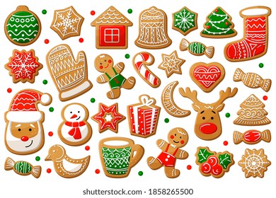 Gingerbread cookie in Christmas New Year symbol form set. Holiday treat in shape of xmas house, bell, snowflake, man, star, snowman, bird, holly, santa vector illustration isolated on white background