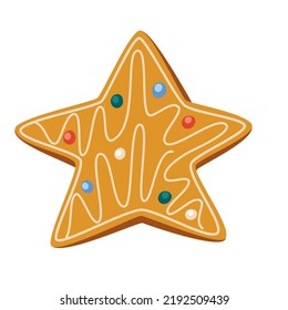 Gingerbread cookie. Christmas sweet. Winter homemade sweet in shape of star. Hand drawn vector illustrations isolated on the white background. 