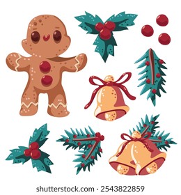 Gingerbread cookie and Christmas tree branches, bells and holly berries vector cartoon set.