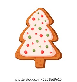 Gingerbread cookie Christmas tree in cartoon style. Holiday winter symbol, festive treats, christmas cookies. Winter homemade sweets in shape of Christmas tree. Vector illustration isolated on a white