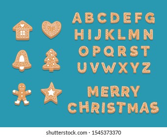 Gingerbread cookie collection, cute christmas alphabet and cookies. Vector illustration in flat style