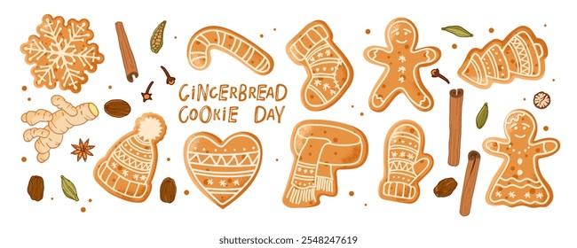 Gingerbread Cookie Day. Festive Gingerbread Treats Featuring Various Shapes with spices, Icing Designs, Holiday Themes for Celebrating Christmas, Baking, Sweet Seasonal Decor. Winter Holiday