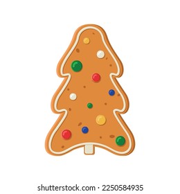 Gingerbread cookie decorated with colored icing in shape of christmas tree