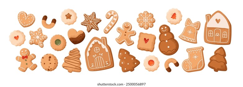 Gingerbread cookie decorated with icing set. Festive and sweet treat for Christmas and winter. Cozy tradition of homemade baking. Flat vector illustration.