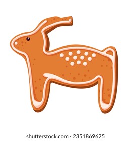 Gingerbread cookie deer in cartoon style. New Year and Christmas winter homemade sweets. Traditional sweet xmas biscuits. Vector illustration isolated on a white background.