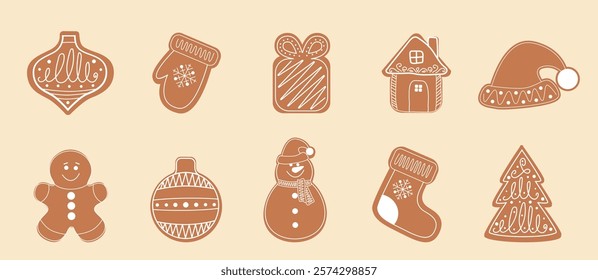 gingerbread cookie designs, including ornaments, a mitten, gift box, house, Santa hat, gingerbread man, snowman, stocking, and tree for poster, menu, resipe designs