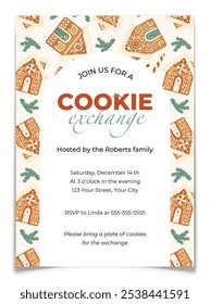 Gingerbread Cookie Exchange Invitation Template. Holiday cookie swap event. New year party invite postcard. Gingerbread house with white icing, peppermint candies, pine branches. Vector illustration.