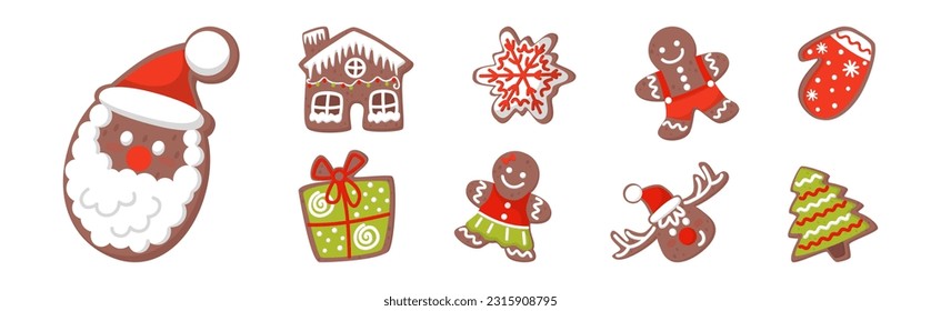 Gingerbread Cookie Figures with Sugar Glaze Vector Set