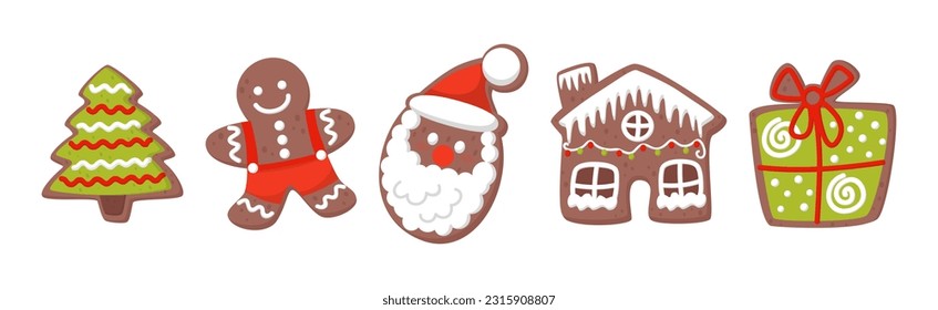 Gingerbread Cookie Figures with Sugar Glaze Vector Set