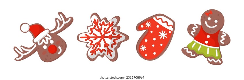 Gingerbread Cookie Figures with Sugar Glaze Vector Set
