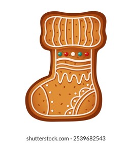 Gingerbread cookie in form of Christmas sock flat color vector object. Delicious pastry for celebrating holiday illustration on white background