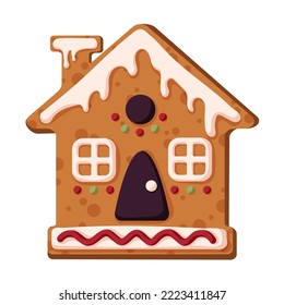 Gingerbread cookie house in cartoon style. Holiday winter symbol, festive treats. Christmas, winter homemade sweets in shape of house. Vector illustration isolated on white background.