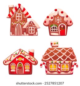 Gingerbread cookie house. Christmas ginger bread and candy with icing. Cute sweet xmas cottage object with window and decoration set. Confectionery biscuit dessert town design cartoon collection