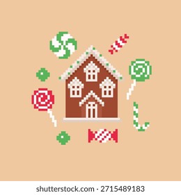 Gingerbread Cookie House Surrounded by Colorful Candy Sweets Vector Illustration