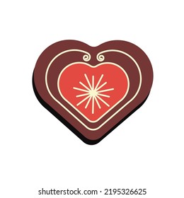 Galleta de pan de jengibre aislada de fondo blanco. Invierno dulce hecho en forma de corazón de pan de jengibre. Ilustración de vectores de arte plano