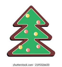 Gingerbread cookie isolated on white background. Winter homemade sweet in shape of gingerbread Christmas tree. Flat Art Vector Illustration
