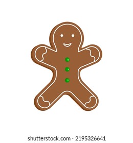 Gingerbread cookie isolated on white background. Winter homemade sweet in shape of gingerbread man. Flat Art Vector Illustration