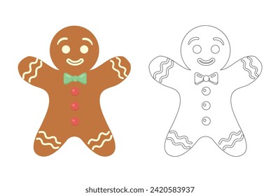 Gingerbread cookie isolated on white background. Colorful and black and white gingerbread for coloring book. Coloring book for children. Vector stock