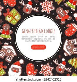 Gingerbread cookie landing page template. Christmas and New Year web banner, website with tasty gingerbread cookies seamless pattern cartoon vector