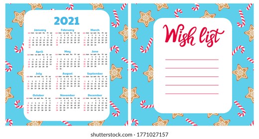 Galleta de pan de jengibre y melocotón. Lista de deseos. Calendario del muro para 2021. Fondo de Navidad