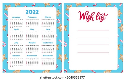 Gingerbread Cookie and lollypop. Wish list. Wall calendar for 2022. Christmas background