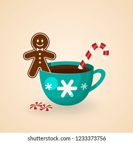 Gingerbread cookie man in a hot cup of cappuccino or chocolate or cacao. vector illustration