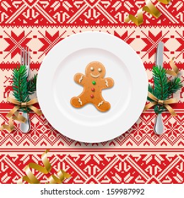 Gingerbread cookie man on the plate, table setting for Christmas dinner, vector illustration. 