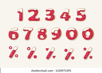 Gingerbread cookie numbers in cartoon style.Numbers and percent sign in the form of ginger cookies with snow and sweet sprinkle. Christmas decoration element. Winter Sale  elements on white background