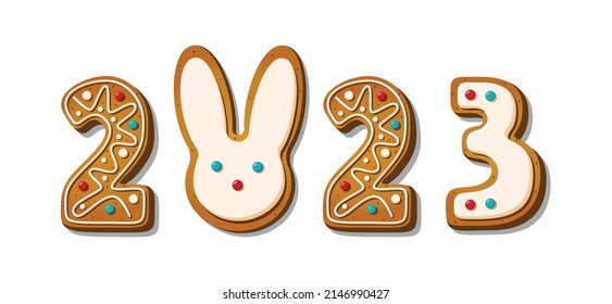 Gingerbread cookie numerals 2023 and bunny in cartoon style. Sweet biscuit number and rabbit with ears in new year message isolated on white background. Vector illustration