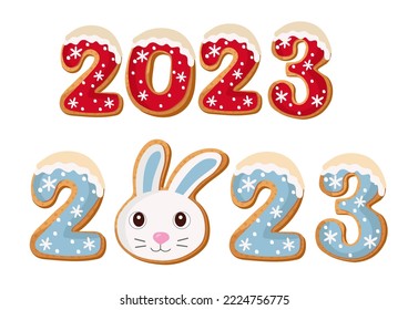 Gingerbread cookie numerals 2023 and bunny. Sweet biscuit number and rabbit with ears in new year message. Isolated on white background. Vector illustration.