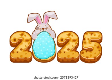 Gingerbread cookie numerals 2025 and bunny for your greeting card, stickers, invitations and many other designs. Sweet biscuit number and rabbit. Happy Easter.