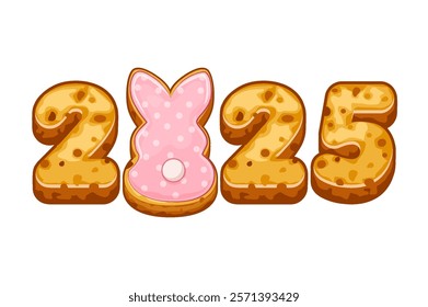 Gingerbread cookie numerals 2025 and bunny for your greeting card, stickers, invitations and many other designs. Sweet biscuit number and rabbit, Happy Easter.