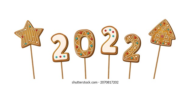 Gingerbread cookie numerals on sticks with phrase 2022 in cartoon style. Sweet biscuit in new year message isolated on white background. Vector illustration 