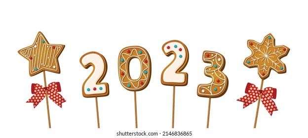 Gingerbread cookie numerals on sticks with phrase 2023 in cartoon style. Sweet biscuit star and snowflake in new year message isolated on white background. Cute number Vector illustration